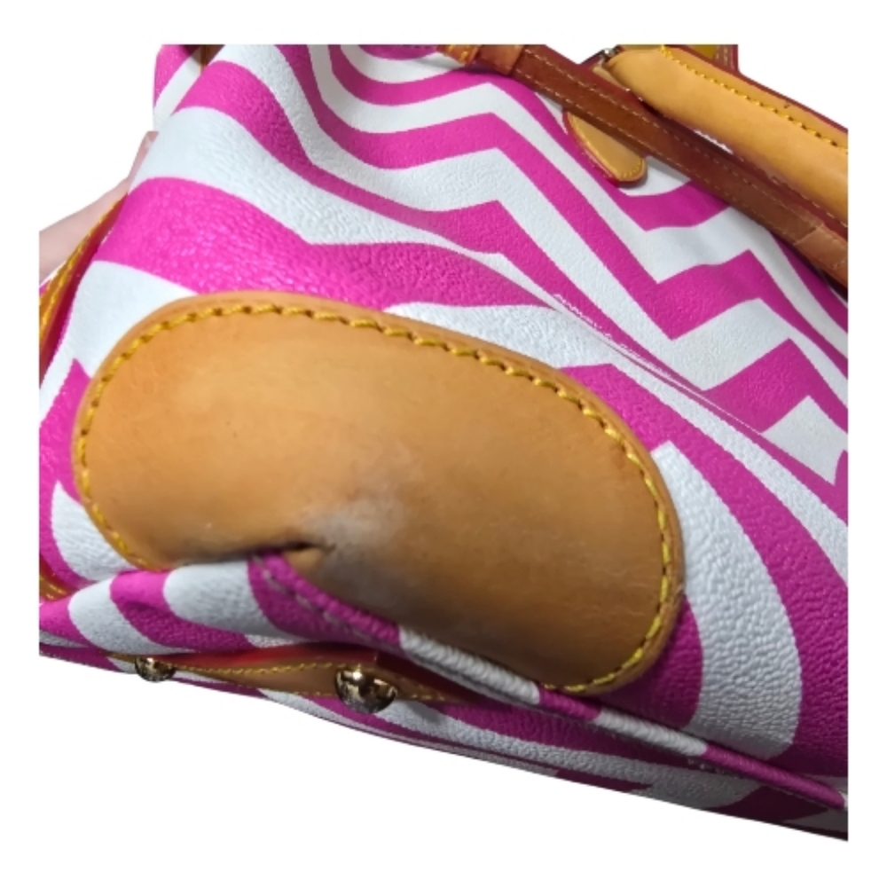 Dooney And Bourke Pink And White Chevron Satchel With Leather Trim - Picture 12 of 16